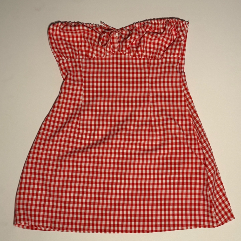 Beginning Boutique Red Checkered Gingham Strapless Mini Dress